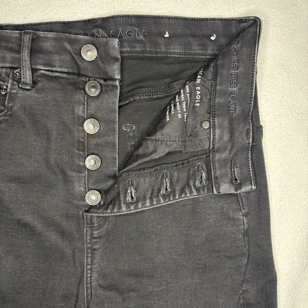 American Eagle Flare Jeans Women 8 Black Excellent Curvy Highest Rise Button Fly - Picture 4 of 14